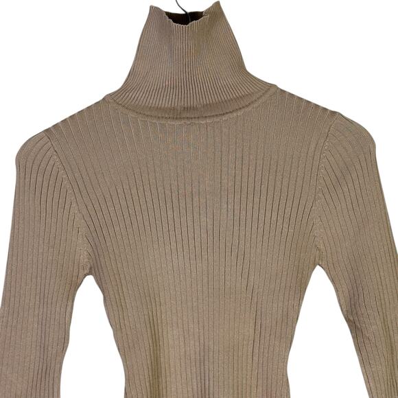 NWT Love Tree Turtleneck Top Womens M Tan Fitted Ribbed Knit Minimalist Neutral - Picture 3 of 6